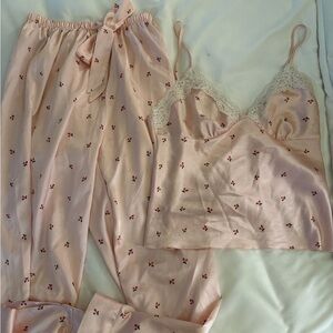 Cherry Print Floral Pink Lace Trim Pajama Set small